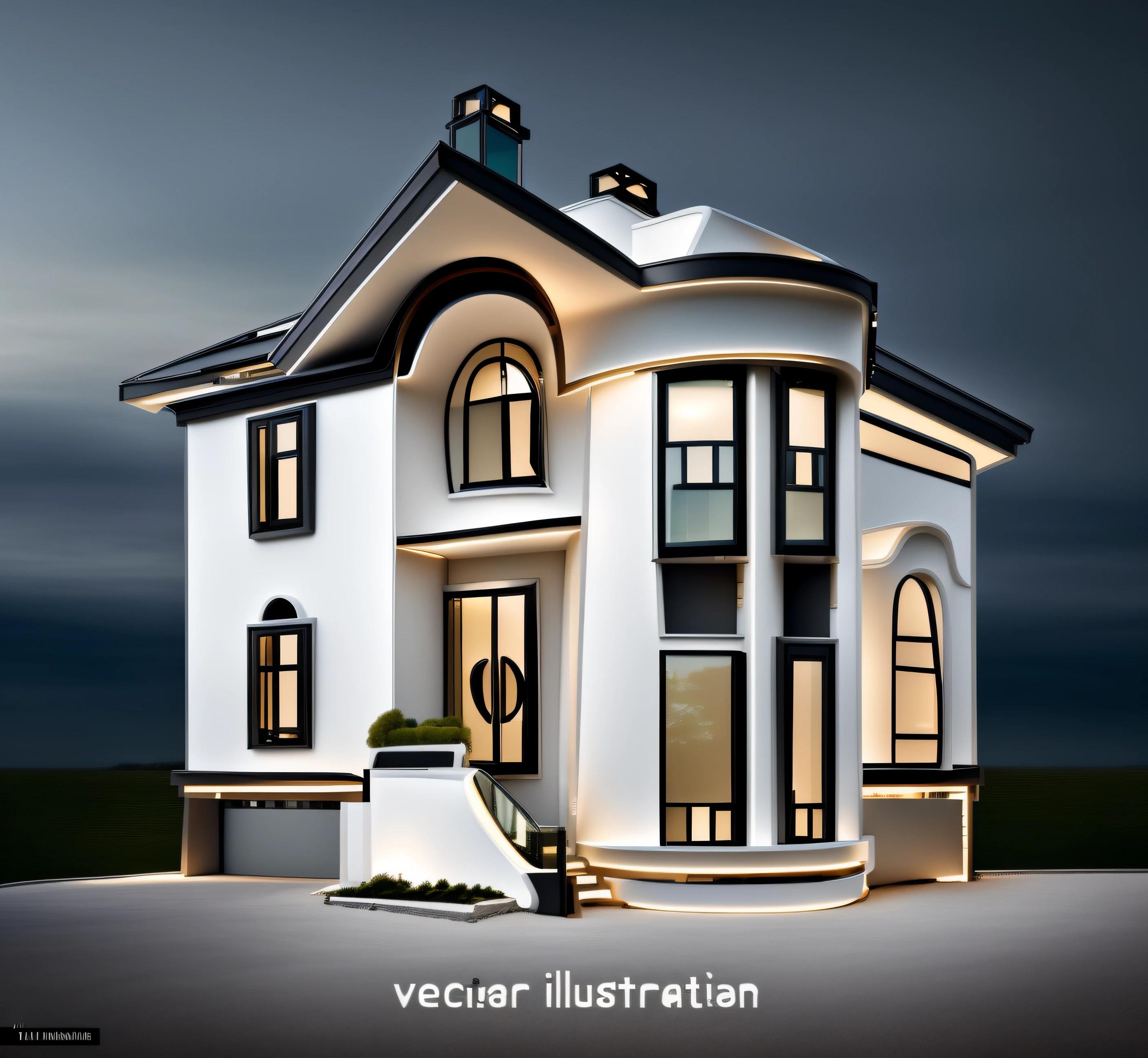 a view of a modern home with a large front road,The image follows the outline, main material by glossy white wall and black stone and wood, 1 road runs in front of the house, (RAW photo, real, best quality, masterpiece:1.2), look morden minimalist, 1 road in front of the house, shime ring light, light brighteness from indoor:1.2, dynamic lighting:1.3, (hyper realistic, photo-realistic:1.2), high quality, day lighht, hight contrast :0.5 perfect lighting, archdaily, award winning contemporary, contemporary masterpiece, well-designed masterpiece, large modern residence, neotraditional modern, wide angle exterior 2022, midcentury modern, contemporary house, hip modern vibe, a long-shot from front, award winning modern design, stunning lines, residential, (((subtle detailing:1.3)))