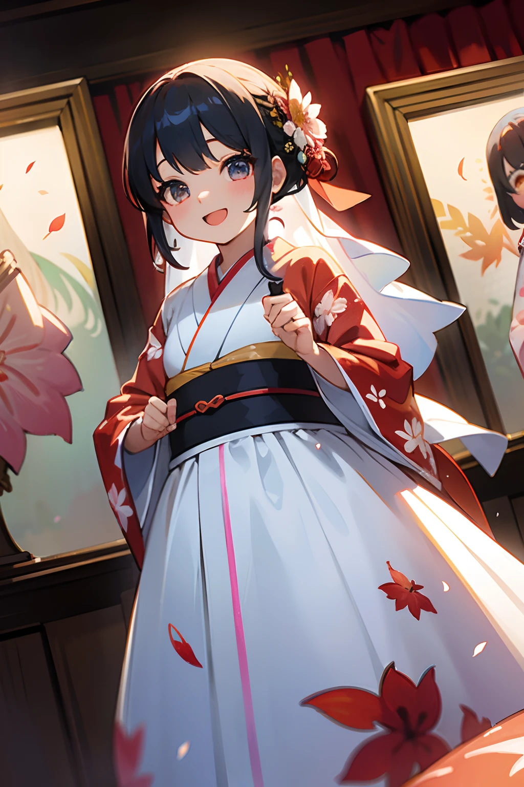 photoRealstic、Nendroids in wedding dresses arranged in kimono standing in front of the painting、Open mouth and big smile、watercolor Nendoroid、(High Definition Figure)、Flowing iridescent silk、up of face、Eye Up、Colorcon with heart pattern、Floral dress、There are also flowers in front of the nendroids、flower petals、season!!: 夏天☀ 🍂
