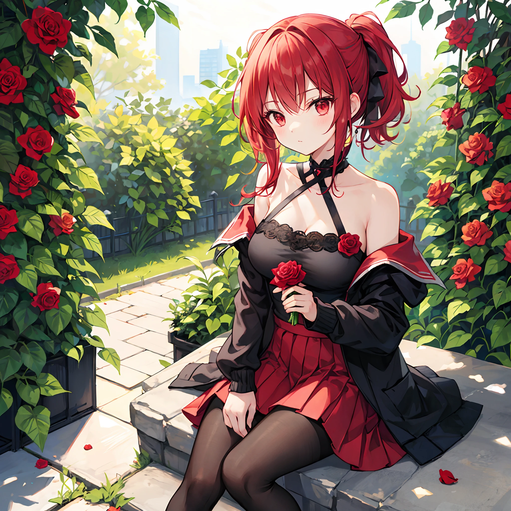 Red hair、Hair is up、red eyes、Beautiful girl alone、off shoulders、a miniskirt、Bright red rose garden、sitting on、black panties