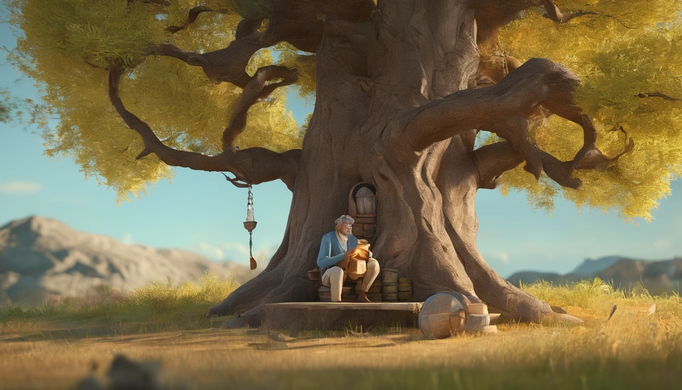 Long beared old wise man,sitting under a old oak tree,a 20 years young boy beside him,01 ancient wall clock hang on a tree