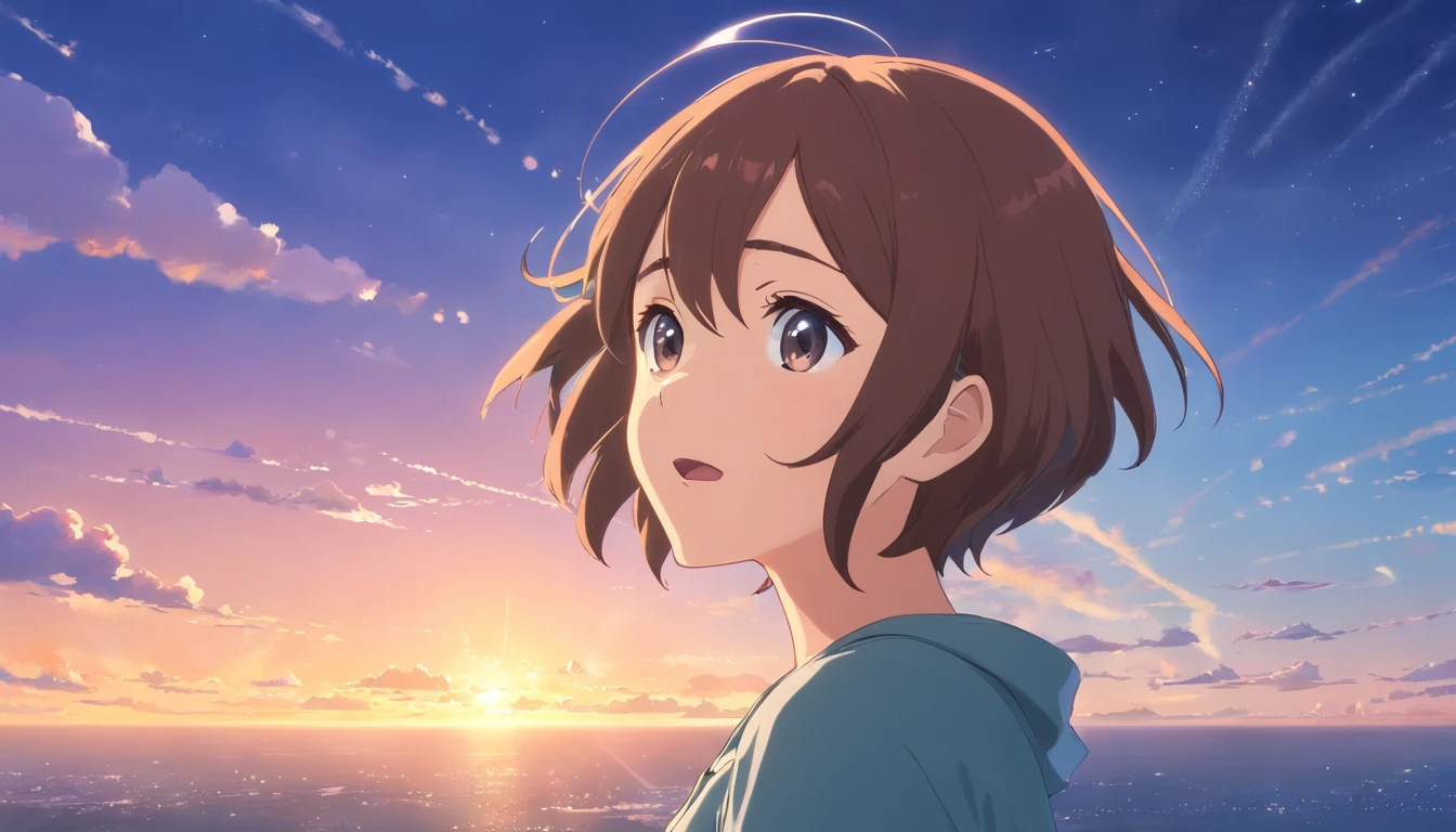 A very surprised face、Obliquely up、Look back and look up at the sky diagonally、Young woman with short hair Japan、slender、onepiece