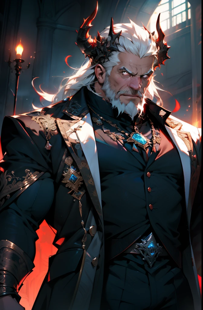 old man, bara,king, thick body, slightly fat,long ornate clothes,luxury,devil crown,white beard,white hair,handsome, sharp gaze, in cage,glowing red eyes,big eyes, big bulge, standing, hide hands behind hip, hd quality, masterpiece, extremely detailed, looking to the viewer, perspective view, UHD, 64k, unreal.(highly detailed skin), (detailed face), detailed background, dark lighting, twilight lighting, volumetric lighting, intricate details, UHD, evil, corrupted