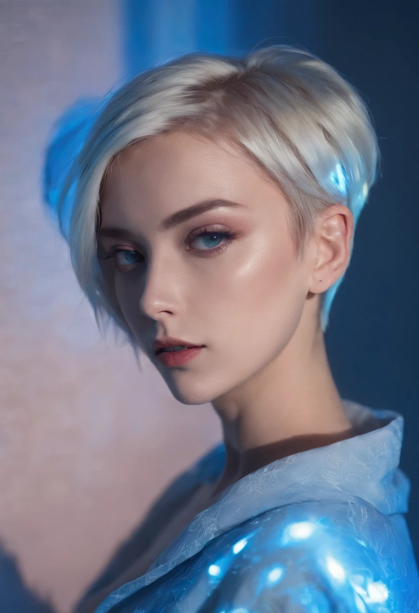 90s style short haired woman, on her back in her bedroom, side blue lighting, projected shadows, plants and bed in the background, close up shot, bokeh style, high quality photo,upper body