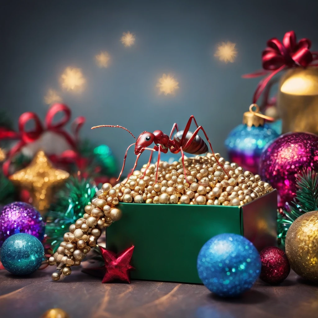 an ant surrounded with many gifts in shiny Christmas with colorful light