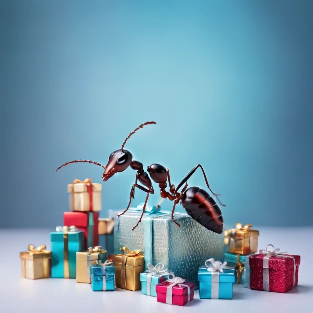 an ant surrounded with many gifts in shiny Christmas with colorful light