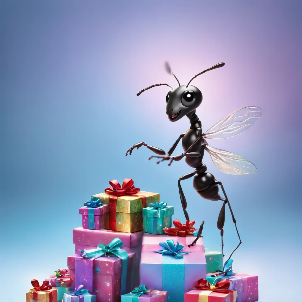 an ant surrounded with many gifts in shiny Christmas with colorful light