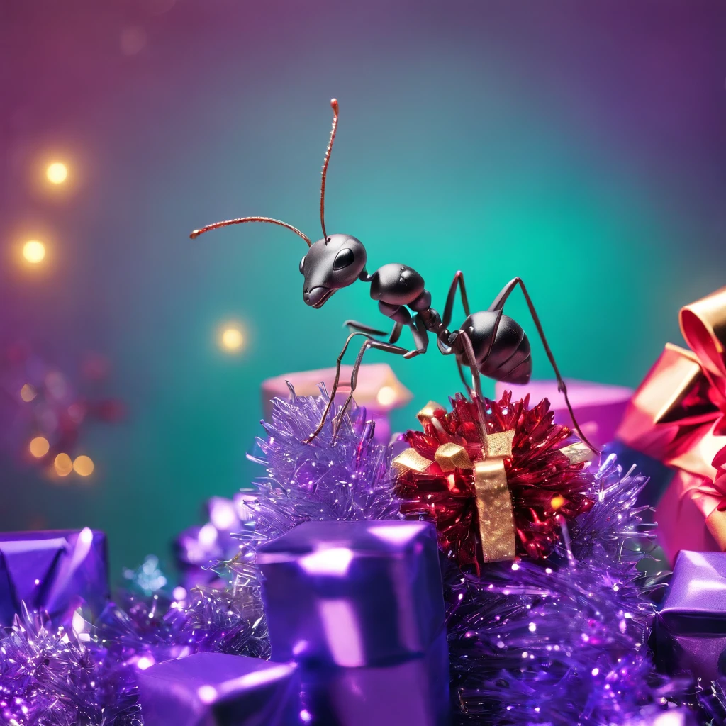 an ant surrounded with many gifts in shiny Christmas with colorful light