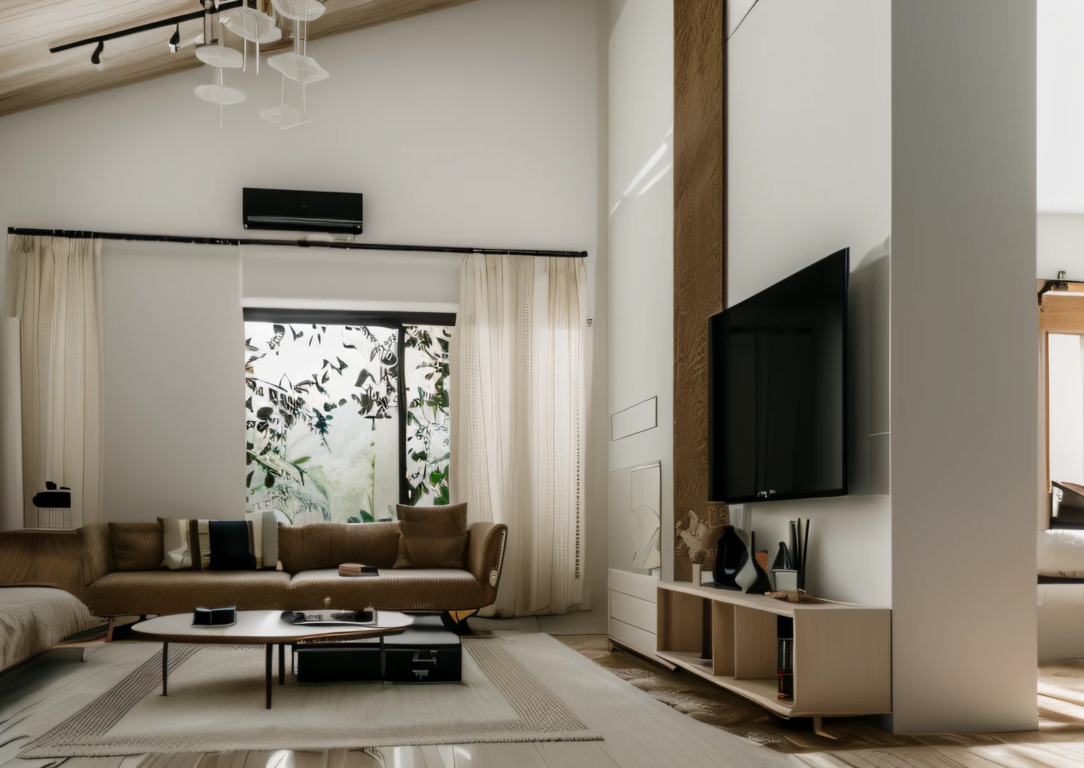 RAW photo, Masterpiece, high quality, best quality, authentic, super detailed, glossy indochina black furniture), minimalist architecture, minimalist bedroom, couch, table, carpet, shelf tv, 1 solid wood door:1.4,((laminated plaster,))), day light)), natural light fromt glass door, archdaily architecture, (high detail: 1.2), 8k uhd, dslr, soft light, high quality, film grain, Fujifilm XT3