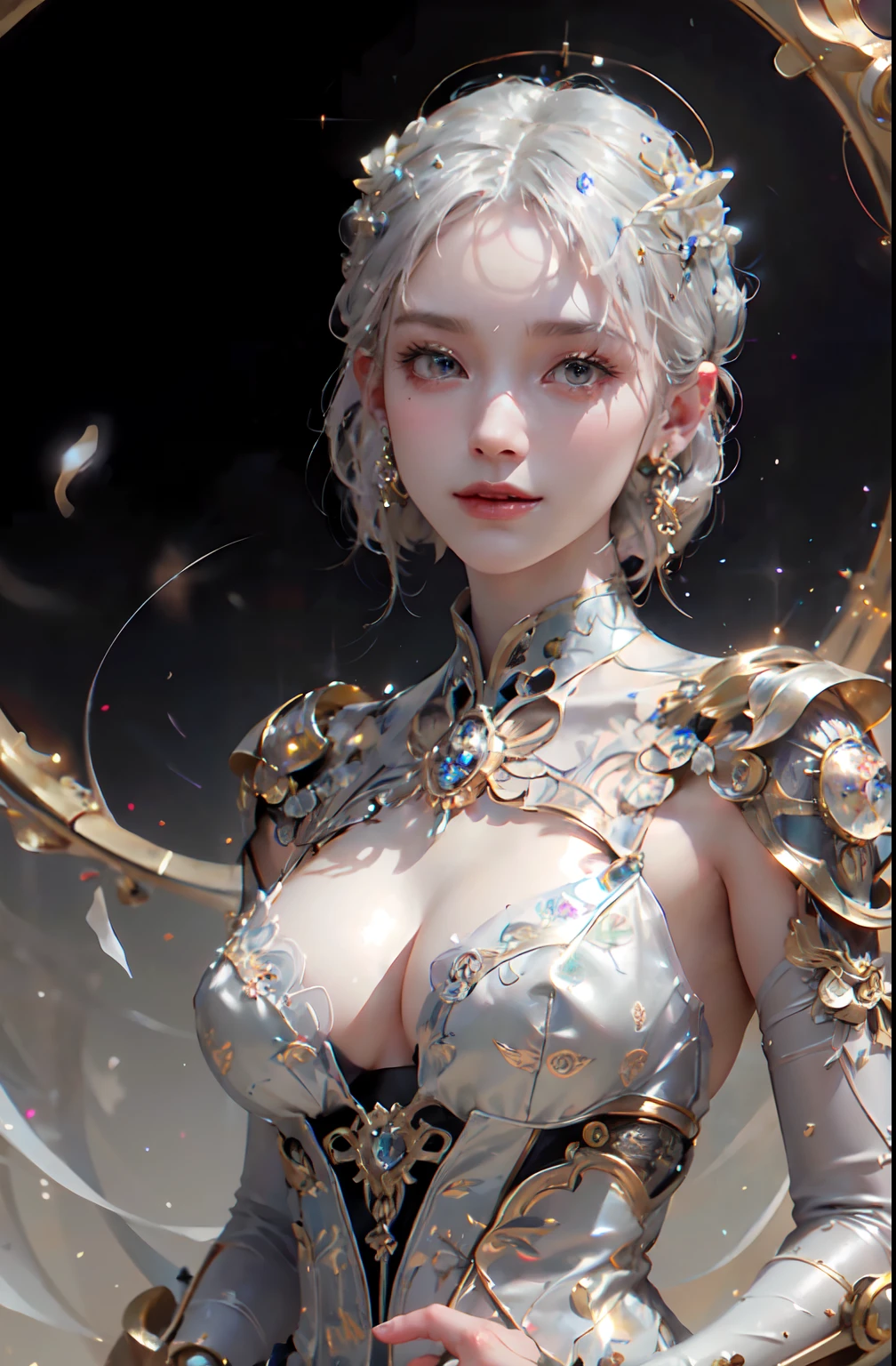 photore，sportrait，Complex 3D rendering of beautiful and charming biomechanical female robot，Has a porcelain finish、simulating、Beautiful natural light、rim-light、1 5 0 mm lens、an aztec warrior、feater、nipple piercing、Aztec tattoo、flor branca、Vanilla leaves and stems、Meandering roots、white blossoms、Fine-leaved lace、steampunc、Silver-gold filigree detailing、alexander mcqueen haute couture、Pearl earrings、Art Nouveau embroidery、Hexagonal network cable、Mandelbro fractal、face muscles、cable wires、micro Chip、ellegance、Beautiful natural light, Studio lights, rim-light, The is very detailed, ultra-realistic realism, Sharp, rendering by octane, HR Giger style, Volumetriclighting, 8 k post production, God floating on fire[The discovery of wormholes leads to a new world|The cursed prince must marry the Void]，[sci-fy：fanciful：0.6]cinmatic lighting，detailedbackground，at centre，Michael Bay style，insane detailed，k hd，concept-art，number art，with dynamism，（The most beautiful art in the world：1.2），（V0id3nergy：1.3）