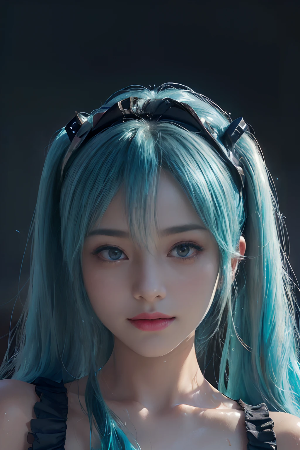 one woman, cyan hair, long pigtails, blue eyes, cyan lingerie, well defined body, detailed body, detailed face, best quality, high quality, masterpiece, korean, hatsune miku hair