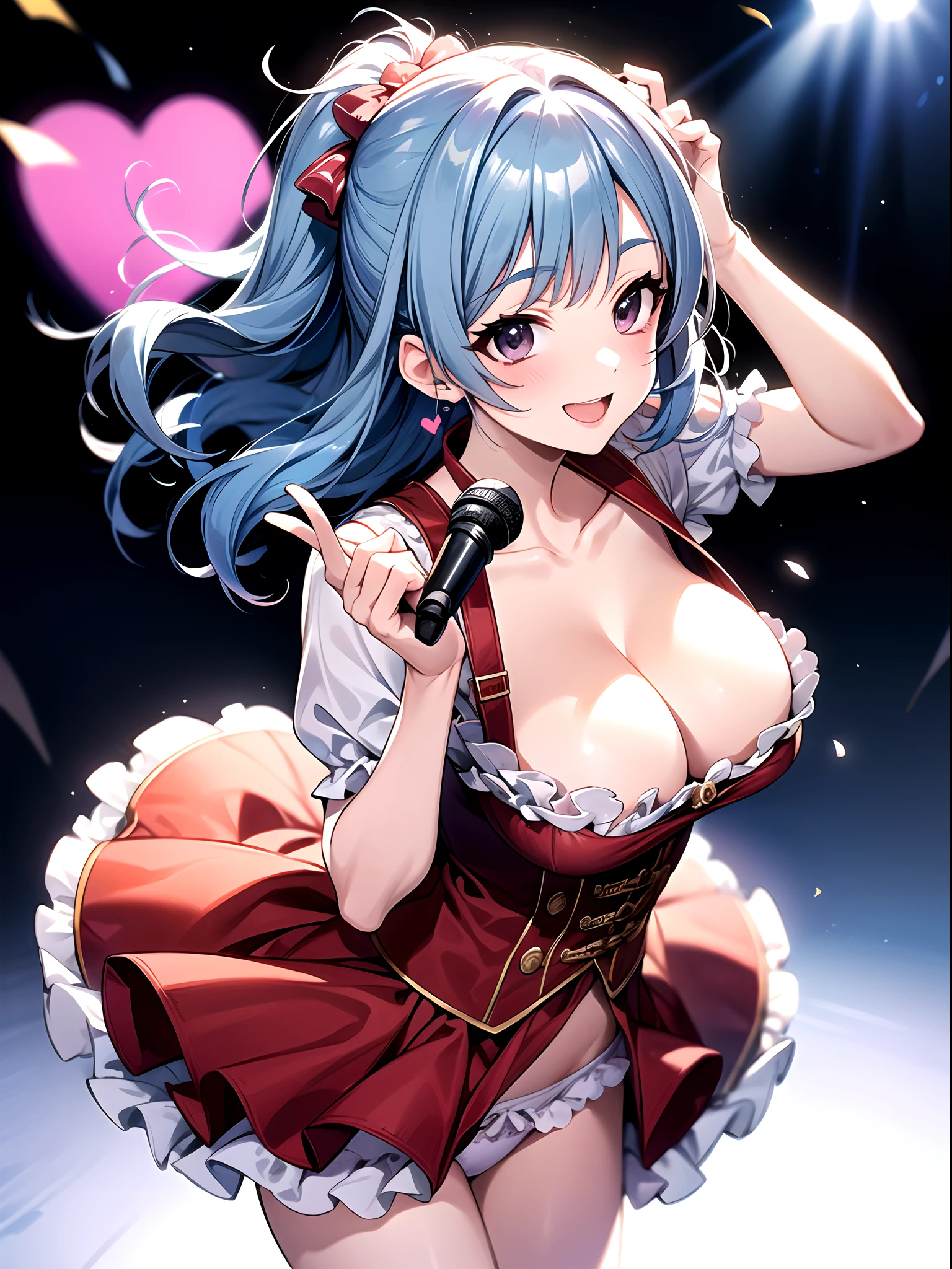 Idol girl, Long light blue hair、 Black eyes, idolmaster, Cute, Gorgeous and cute white and red dress、Hands up、jumpping、The best smile、cleavage of the breast、a frilled miniskirt、Shining lighting with neon details、Hold the microphone with your left hand and sing、light reflections、Heart-shaped iris、Playful white panties