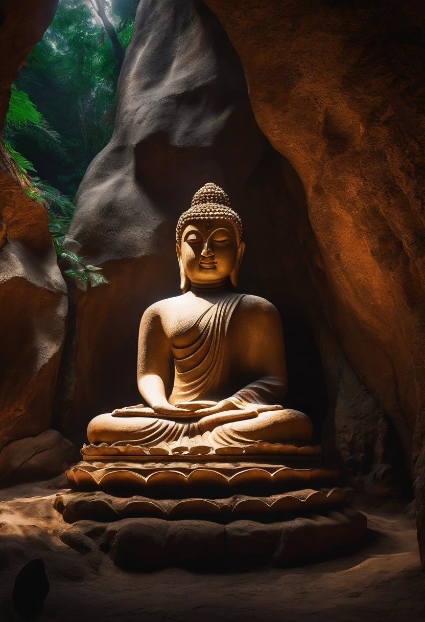(Best quality, A high resolution, Ultra-detailed), surrealism, Realistic texture, Carved Buddha statues on cliff faces, Harmonious integration with nature, Cinematic lighting, lifelike skin, depth and dimensionality, Divine aura, tranquil ambiance