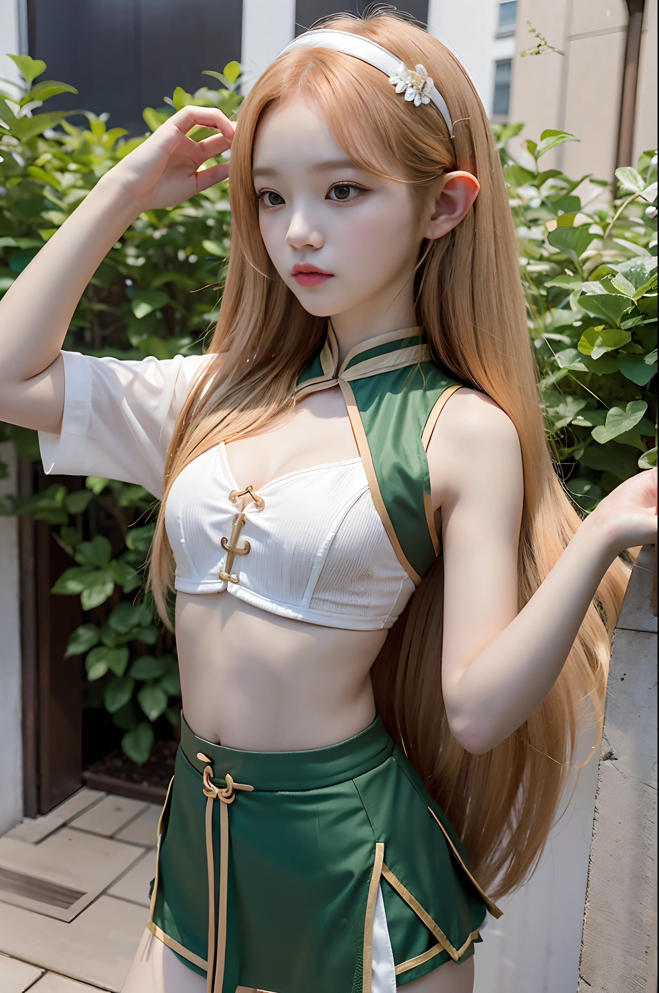 1 girl, full body view, kim chaewon as a sexy elf archer, kim chaewon in a fantasy city, kim chaewon is a petite young archer girl, kim chaewon, petite girl, small breast, petite figure, long hair, archer suit, short white skirt, exposed, midriff exposed, small tits, ((thin-waist)), a small face