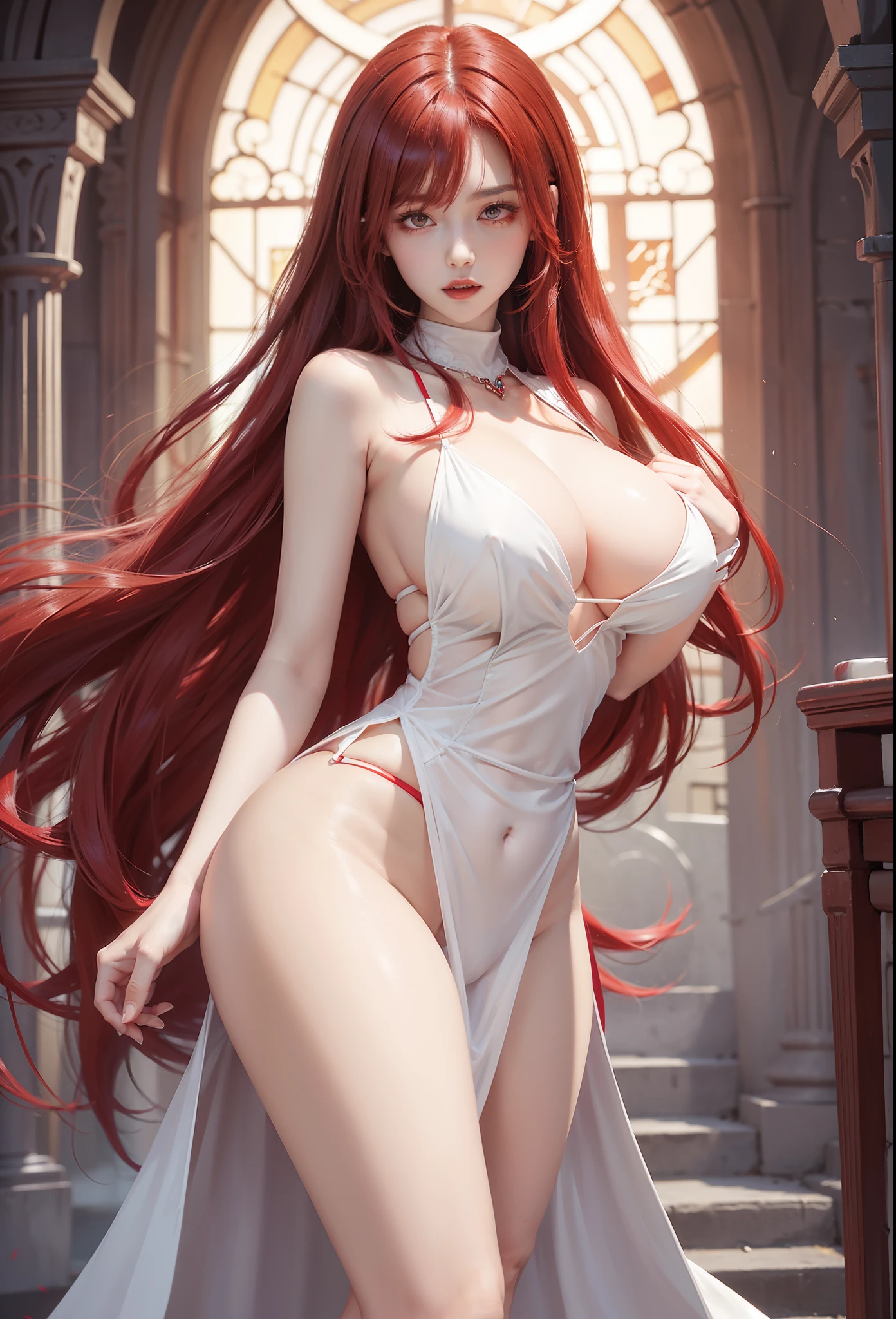Vampire girl, solo, red hair, very long hair, (big breast : 1.7), (wide hips), (big butt), long legs, red gown, brown high heels, stand, full body
