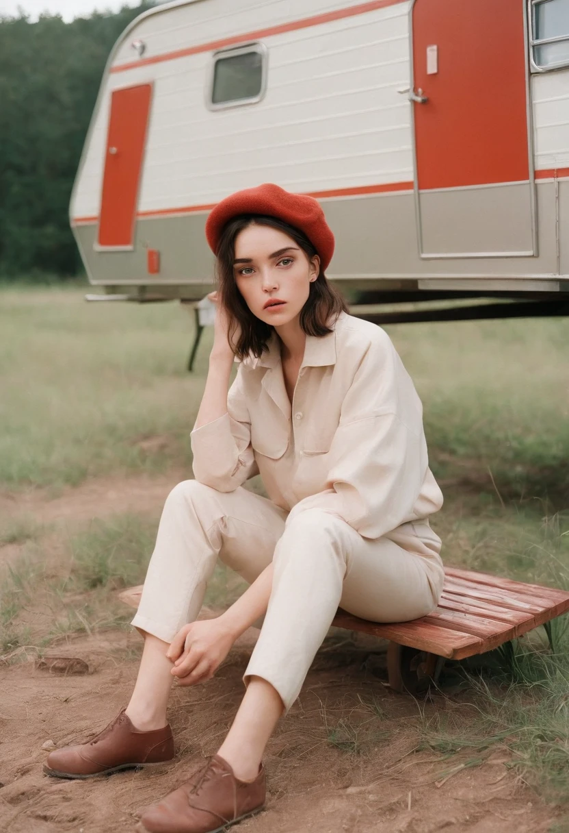 analog photography, grain film, vintage photo, portra 400, flash, in the style of lo-fi aesthetics,a girl sitting near a camping trailer, light beige and red,medium full shot