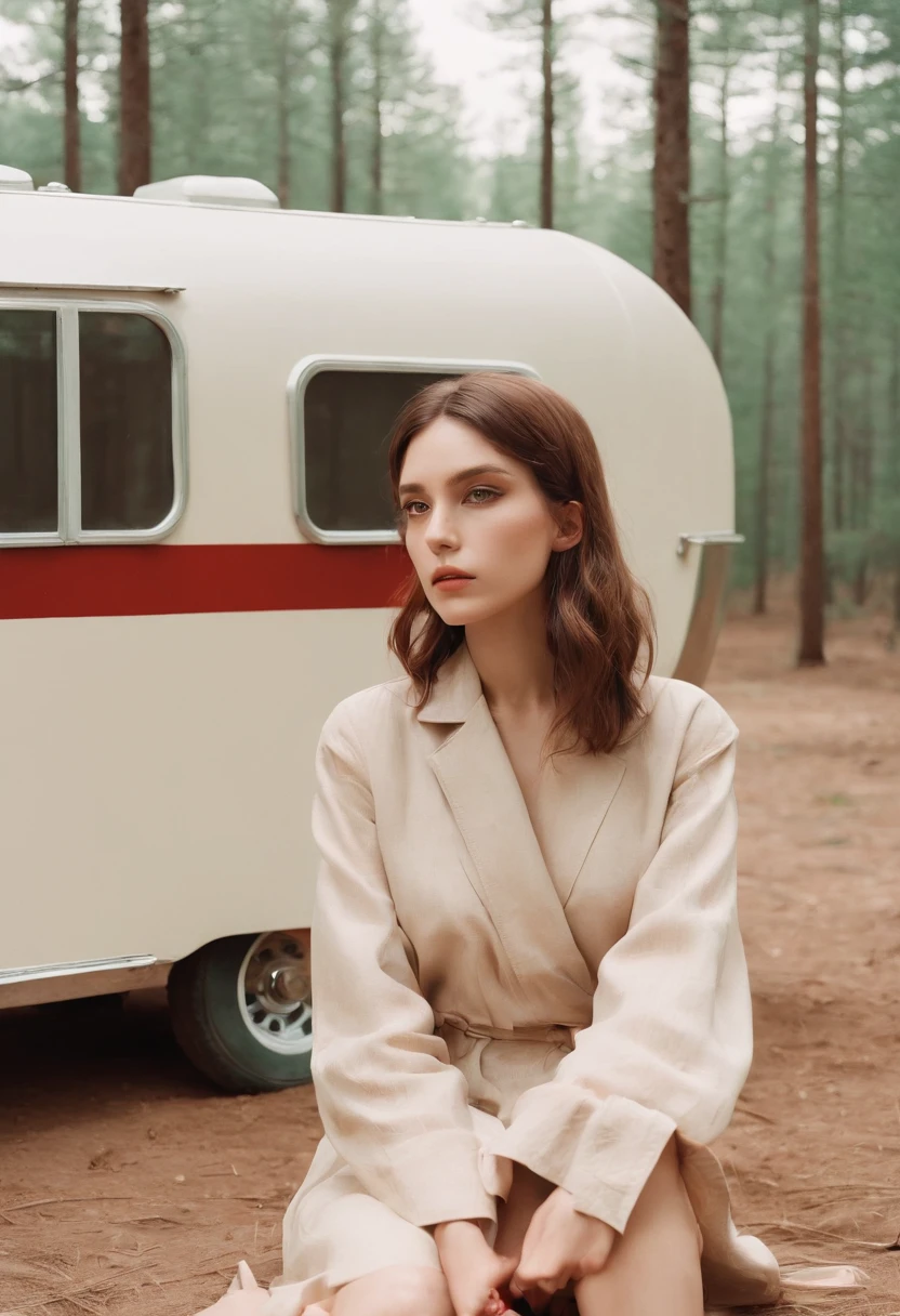 analog photography, grain film, vintage photo, portra 400, flash, in the style of lo-fi aesthetics,a girl sitting near a camping trailer, light beige and red,medium full shot