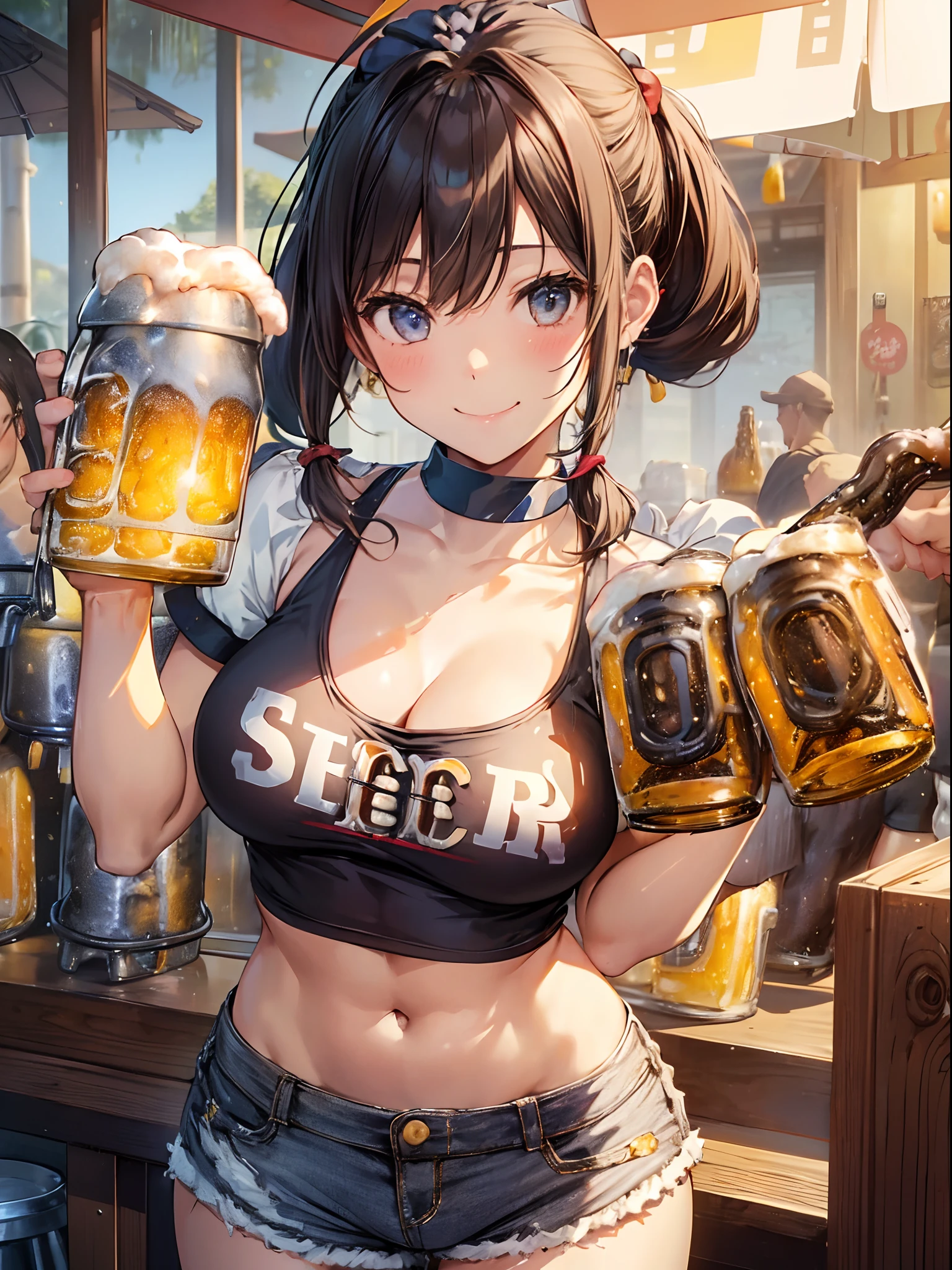 1 girl,A smile、Mouth open、tshirts,hotpants,((poneyTail:1.3)),((cheers、beer:1.5)) Navel out、bending forward、cleavage of the breast,izakaya、Intricate details, Hyper realistic, Perfect Anatomy