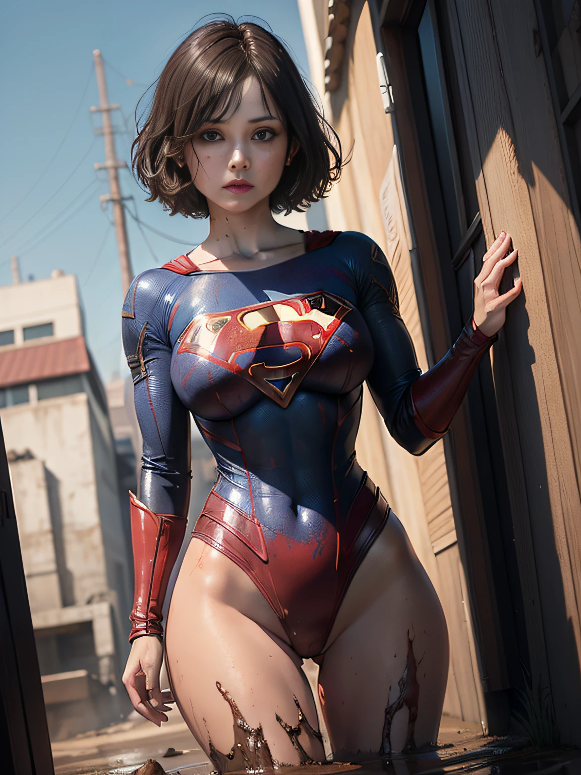 masterpiece、Short-haired Supergirl fell into a quagmire、large full breasts、Looking at the camera、Glossy costume、Crotch、Mud stains、Covered in mud、wounded