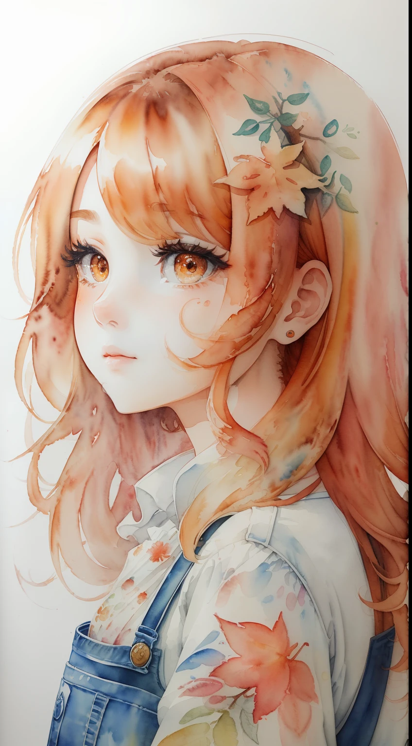 Feel free to make the image look like autumn.、(masterpiece)、(top-quality:1.1)、(ultra-detailliert:1.1)、Best Illustration、detaile、(watercolor paiting:1.4)、(handdraw:1.2)、(Watercolor brush hair)、 1girl in,portlate,orange color hair、
