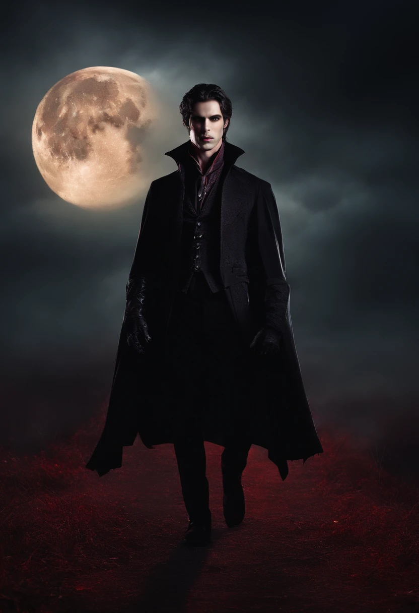 Male vampire, red eyes, torn clothes, full moon