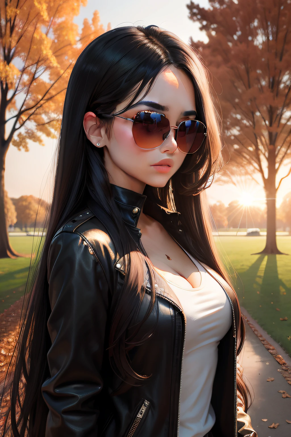 american sexy girl, sunset, park trees background, long black hair, sunglasses, autumn