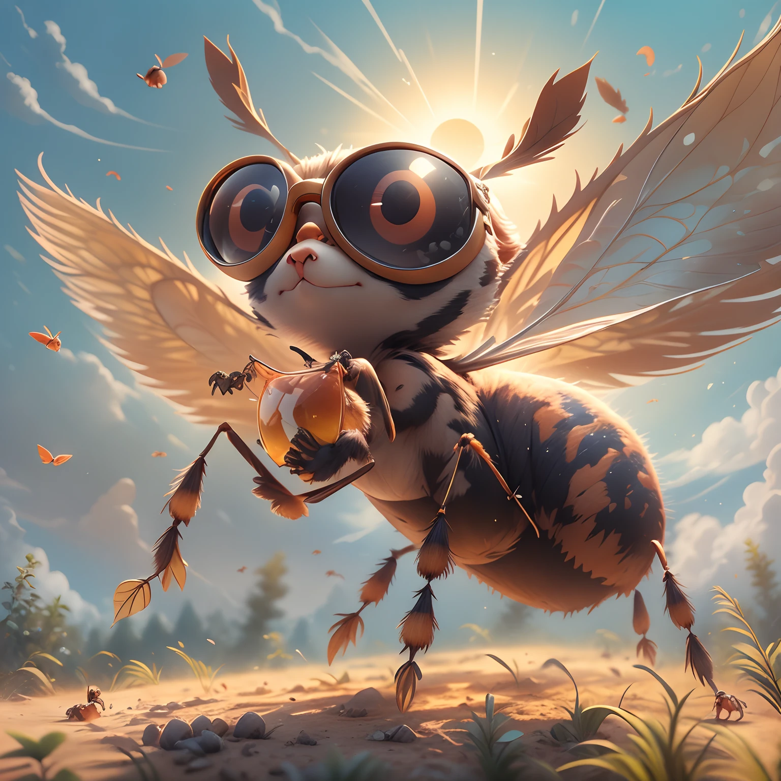 A flying ant，Handsome，majestic-looking，Wear goggles，cartoonish style，digitial painting，In the background are the sky，The sun shines on the ants