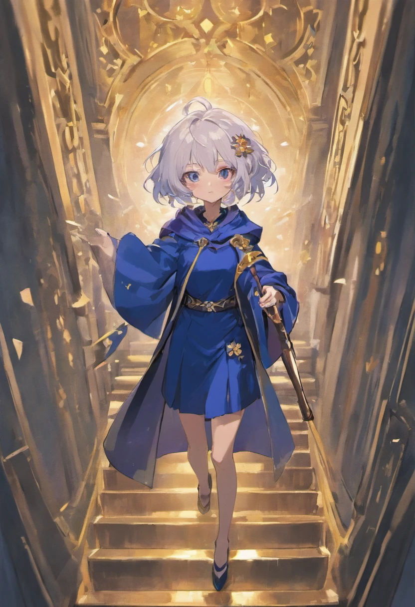 White hair, undercut hair, Gold eyes, 18 years old, Deep navy blue cape, Under the long purple sleeves, Blue navy pants man, Small smile, Holding a long walking stick,Can double as a cane. The handle is decorated with a floral motif,It comes with a large knuckle guard,Can be extended down to the bottom of the handle. Looking up at the sky from the balcony in the middle of the night, Side camera.