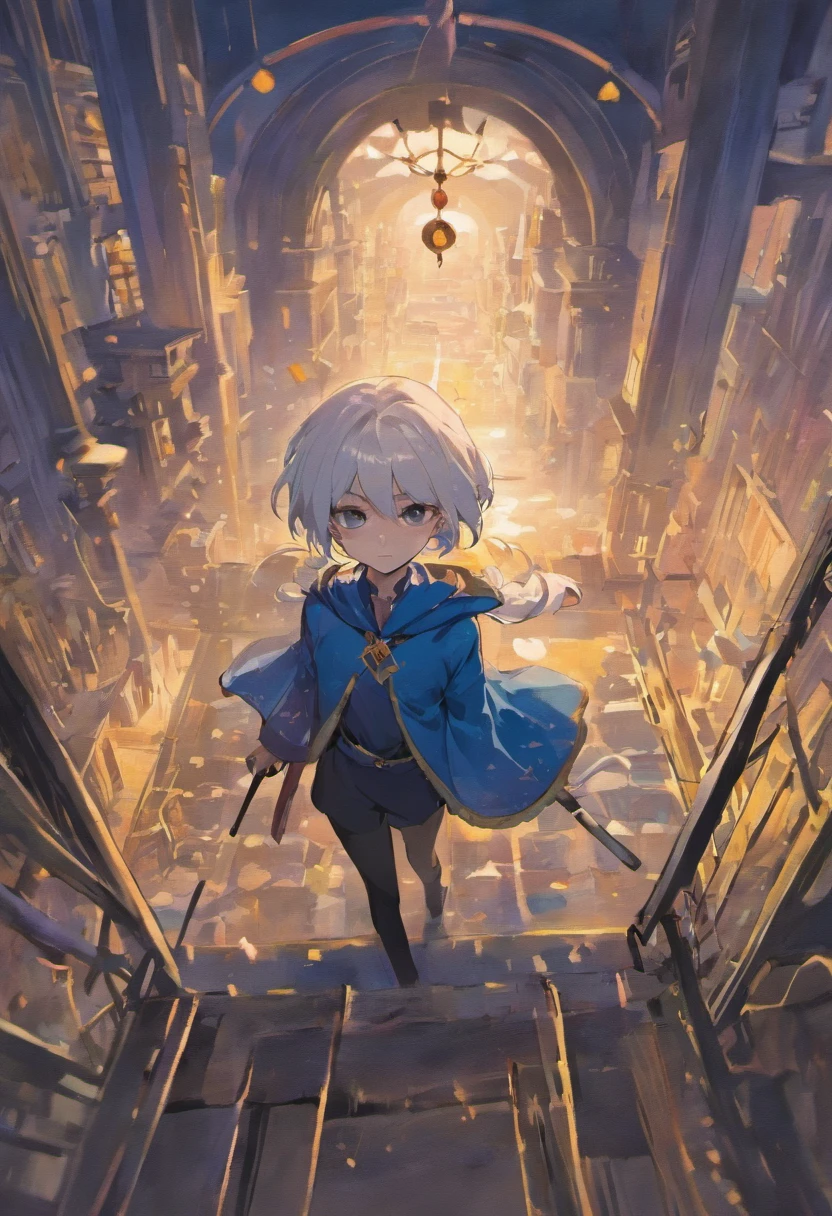 White hair, undercut hair, Gold eyes, 18 years old, Deep navy blue cape, Under the long purple sleeves, Blue navy pants man, Small smile, Holding a long walking stick,Can double as a cane. The handle is decorated with a floral motif,It comes with a large knuckle guard,Can be extended down to the bottom of the handle. Looking up at the sky from the balcony in the middle of the night, Side camera.