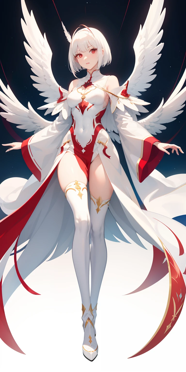 Character design, female, long white hair, wearing a white silver kimono, red eyes, small frame, very skinny, detailed, best quality, no accesoires around the neck, prominent collarbones, skinny arms, flat stomach, full body, visible hip bones, angelic