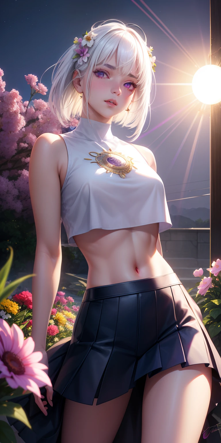 realistic, 1girl, white hair, purple eyes, glowing eyes, crop top, skirt, parted lips, blush, night, flowers, sun, sunlight,