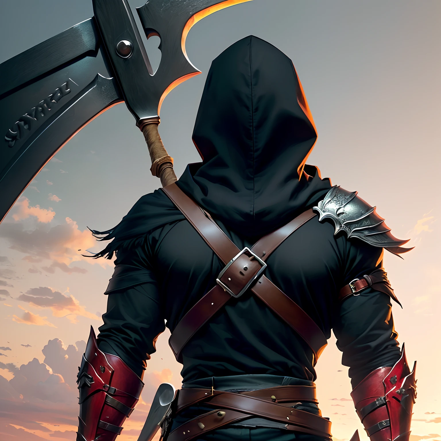 Create a hero who hunts gods, He has a scythe on his back and swords at his waist, The hero is in black clothes and a hood with red details