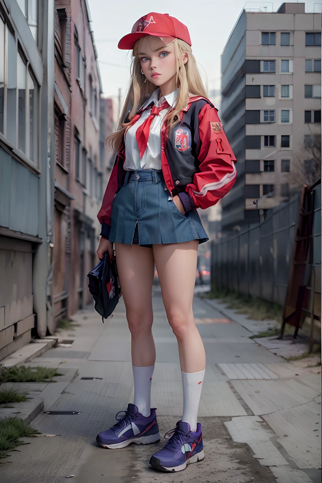 (masterpiece, best quality)1.2, extremely detailed, 4K, girl, solo, beautiful face, standing, full body, looking at viewer, blonde hair, blue eyes, baseball cap, young pioneer, red young pioneer tie, white school blouse, (90s rave jacket), purple jacket, blue school skirt, black shiny shoes, white socks, knee high socks, hands in pockets, night, summer, USSR, soviet city, grim city, panel buildings, 90s, 90s fashion
