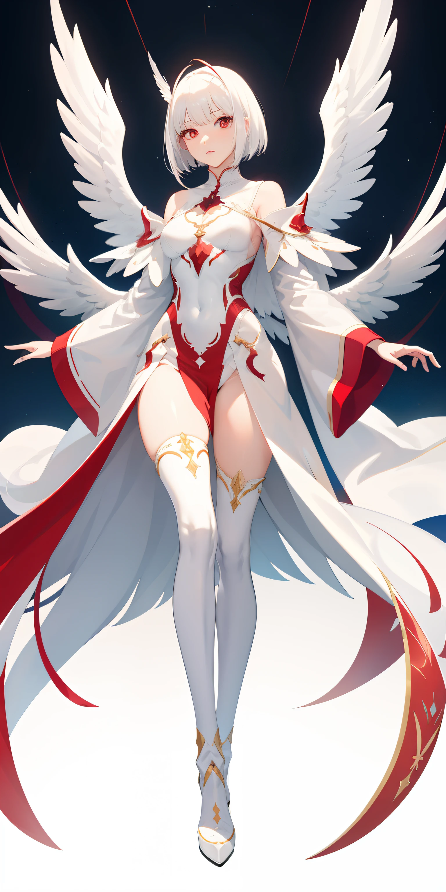 a tall women, white hair with bangs, angelic wings, full body, red eyes,Red tight clothes,sky background,
