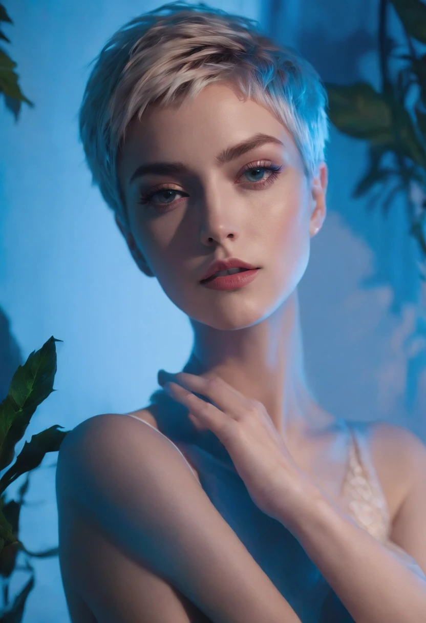 90s style short haired woman, on her back in her bedroom, side blue lighting, projected shadows, plants and bed in the background, close up shot, bokeh style, high quality photo,upper body
