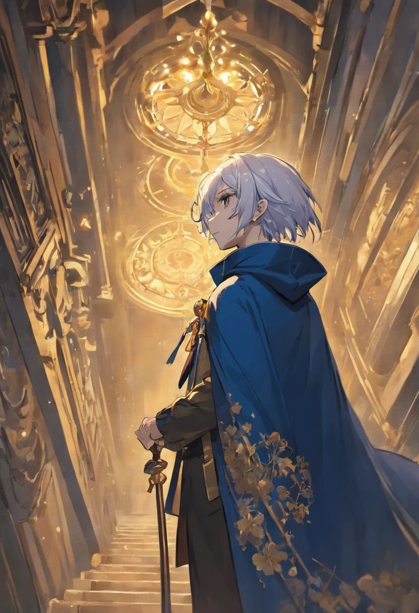 White hair, undercut hair, gold eyes, 18 years old, boy, dark navy cloak, purple long sleeve underneath, blue navy pants, male, small smile, anime, holding a long cane that doubles as a walking stick. Its handle is embellished with a floral pattern and features a large knuckle guard that reaches down the bottom of the handle. In the balcony in the middle of the night looking up at the sky, side camera.