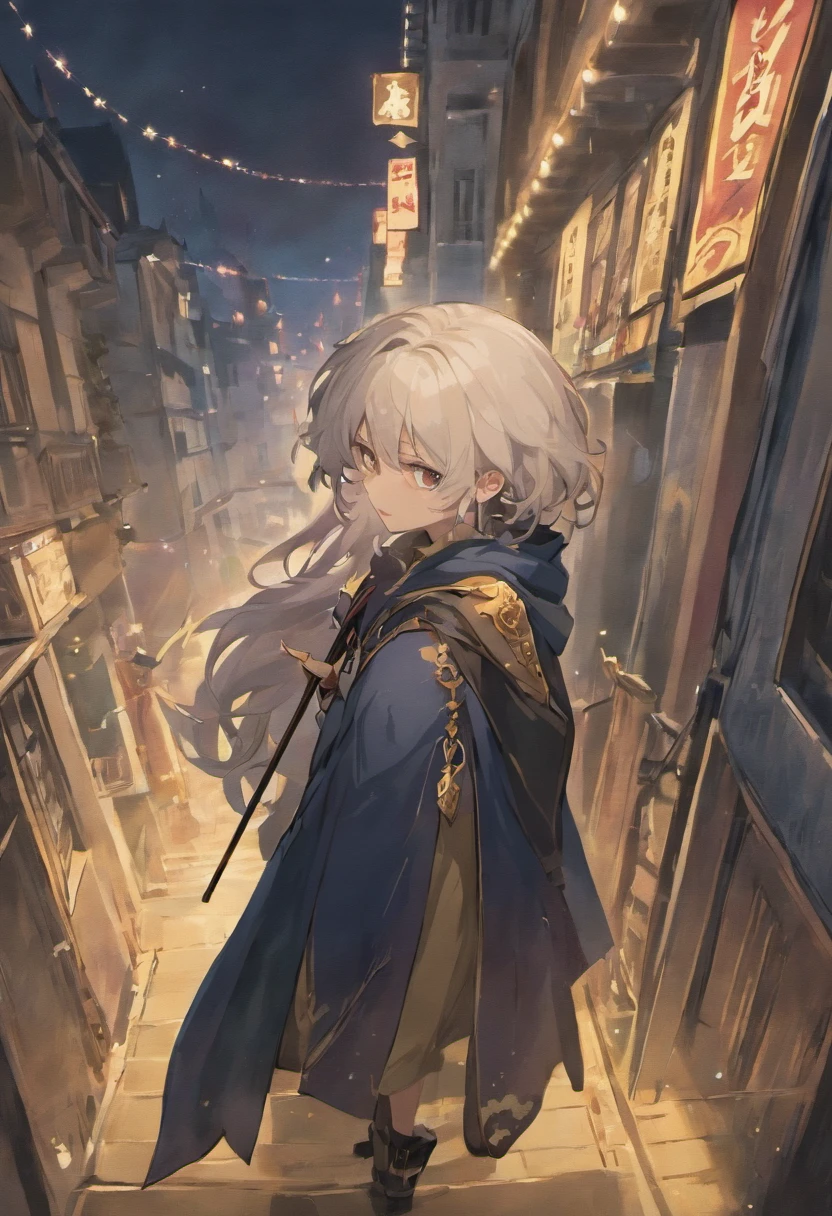 White hair, undercut hair, gold eyes, 18 years old, boy, dark navy cloak, purple long sleeve underneath, blue navy pants, male, small smile, anime, holding a long cane that doubles as a walking stick. Its handle is embellished with a floral pattern and features a large knuckle guard that reaches down the bottom of the handle. In the balcony in the middle of the night looking up at the sky, side camera.