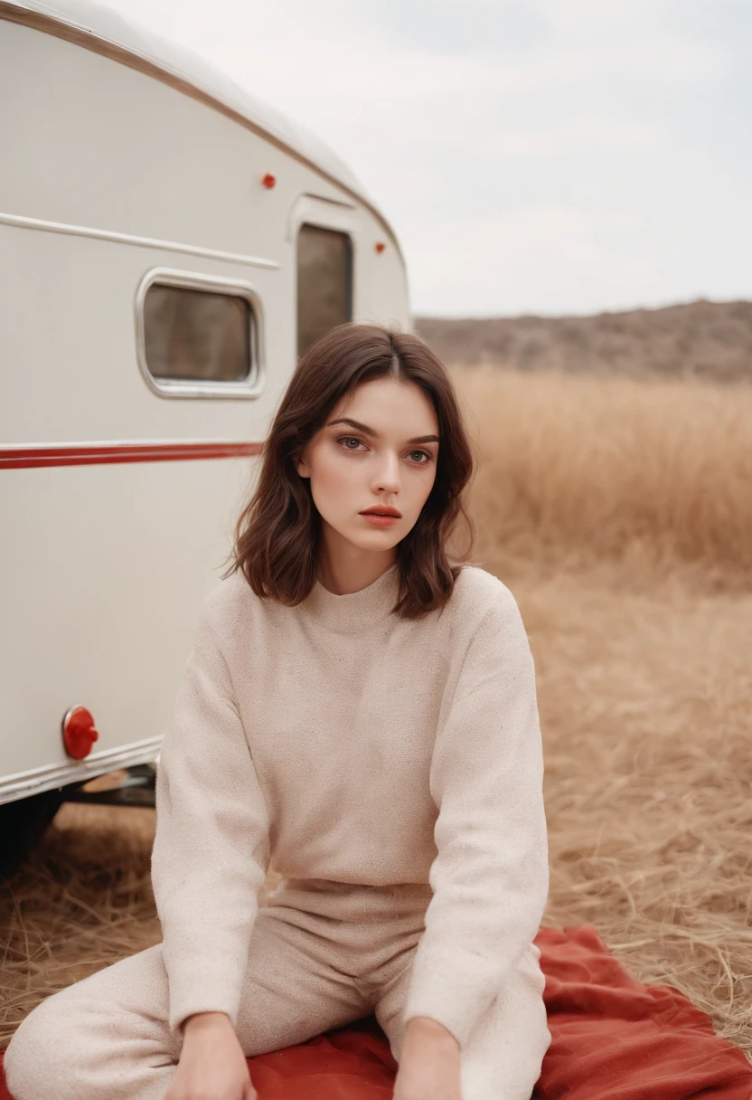 analog photography, grain film, vintage photo, portra 400, flash, in the style of lo-fi aesthetics:: a girl sitting near a camping trailer, light beige and red