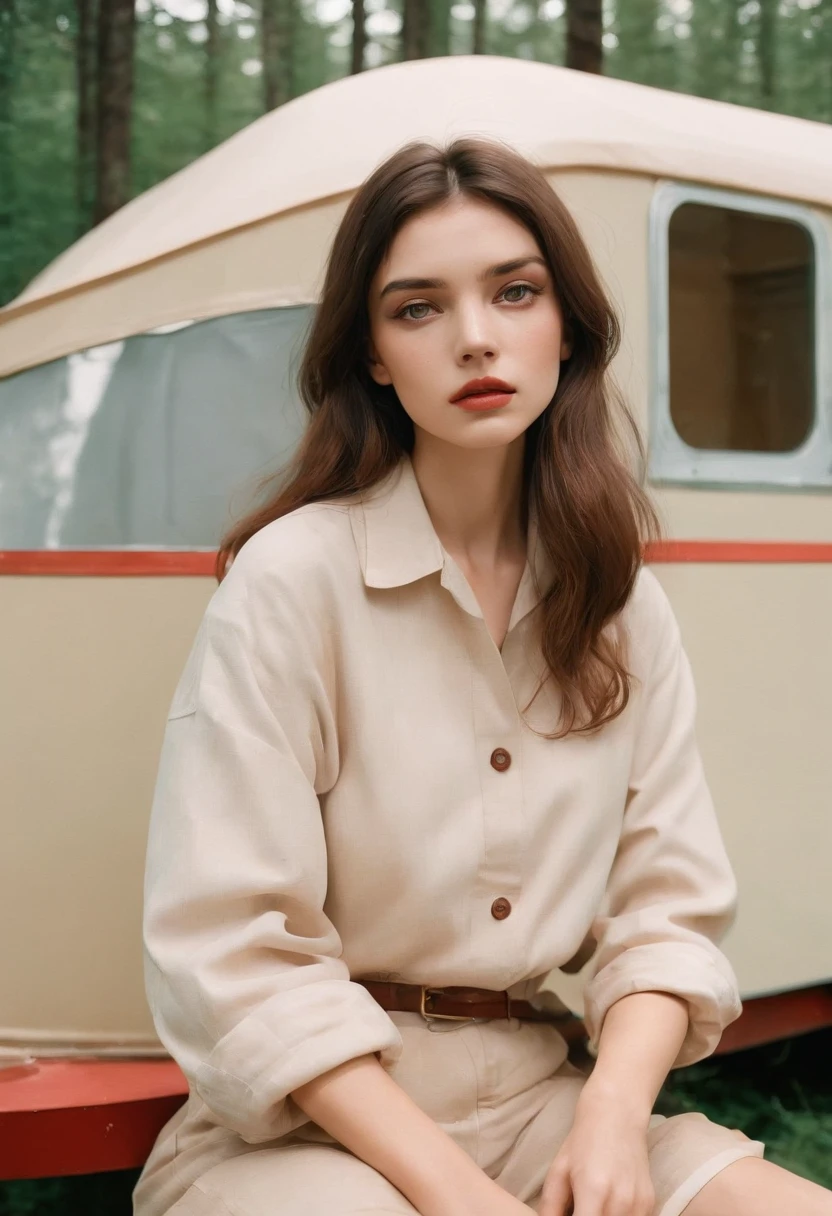 analog photography, grain film, vintage photo, portra 400, flash, in the style of lo-fi aesthetics:: a girl sitting near a camping trailer, light beige and red
