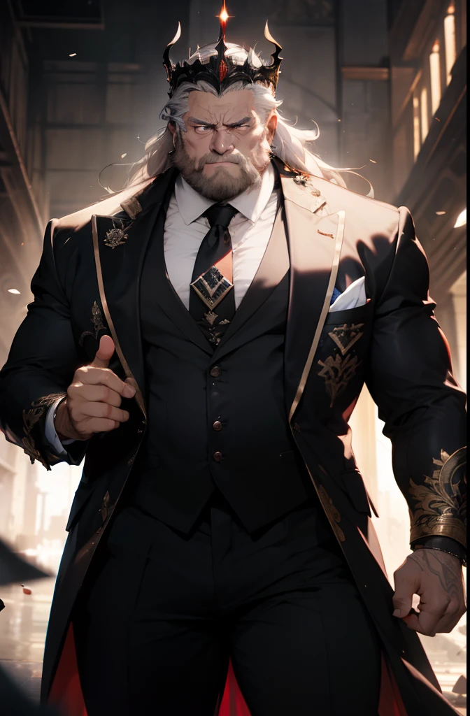 old man, bara,king, thick body, slightly fat,long ornate suit.long tie,luxury,devil crown,white beard,white hair,handsome, sharp gaze, in cage,glowing red eyes,big eyes, big bulge, standing, hide hands behind hip, hd quality, masterpiece, extremely detailed, looking to the viewer, perspective view, UHD, 64k, unreal.(highly detailed skin), (detailed face), detailed background, dark lighting, twilight lighting, volumetric lighting, intricate details, UHD, evil, corrupted