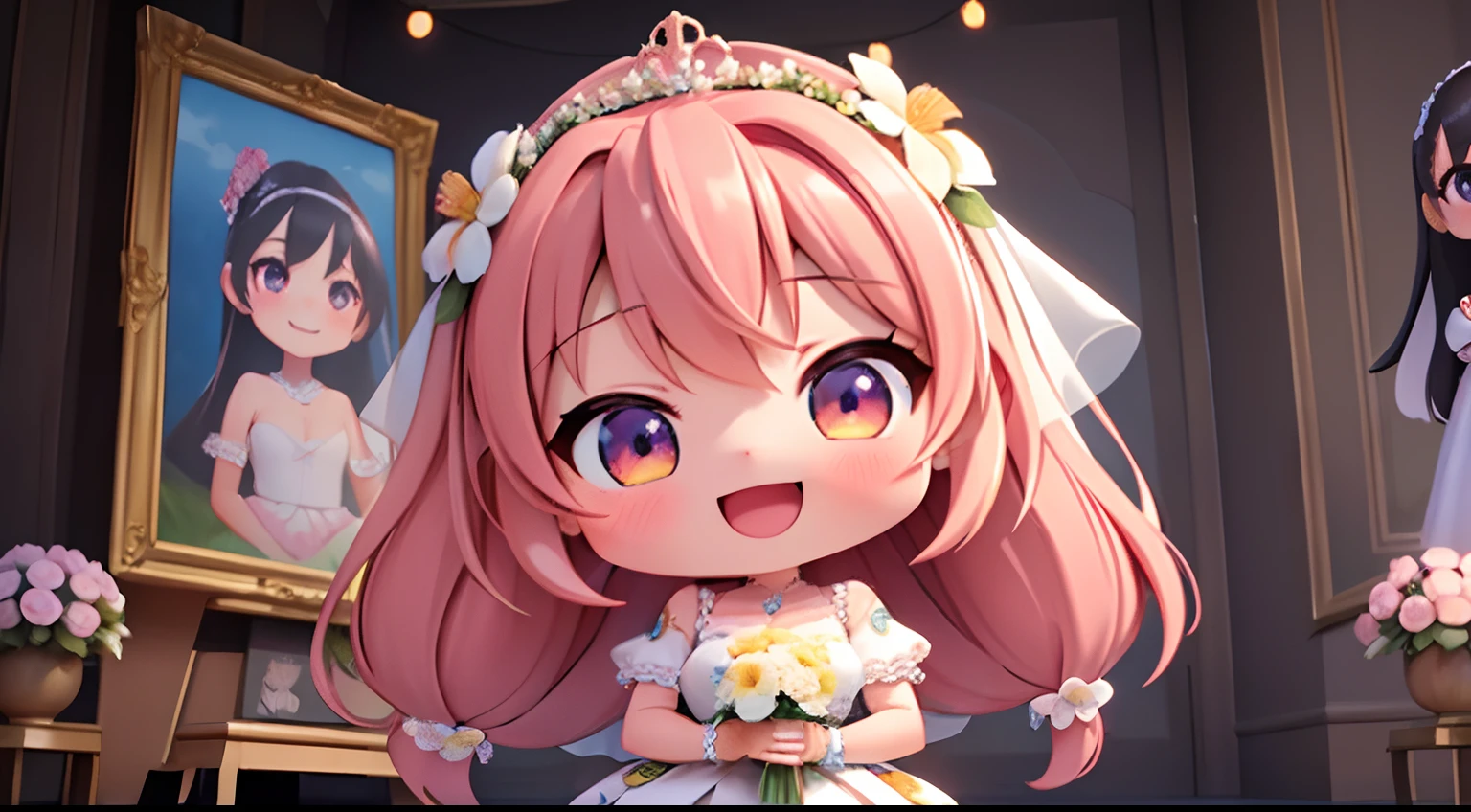 photoRealstic、Nendroids in wedding dress standing in front of the painting、heart pattern in eyes、Open mouth and big smile、watercolor Nendoroid、(High Definition Figure)、Flowing iridescent silk、up of face、Eye Up、Floral dress、There are also flowers in front of the nendroids、flower petals、season!!: 夏天☀ 🍂