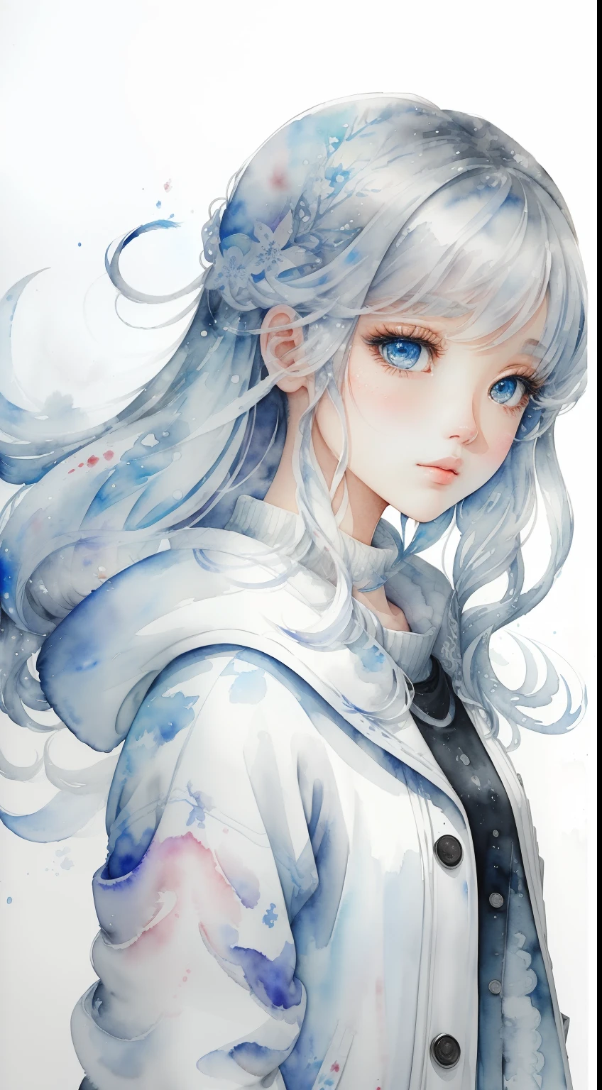 Make the image look like winter.、(masterpiece)、(top-quality:1.1)、(ultra-detailliert:1.1)、Best Illustration、detaile、(watercolor paiting:1.4)、(handdraw:1.2)、(Watercolor brush hair)、 1girl in,portlate,Silvery hair、