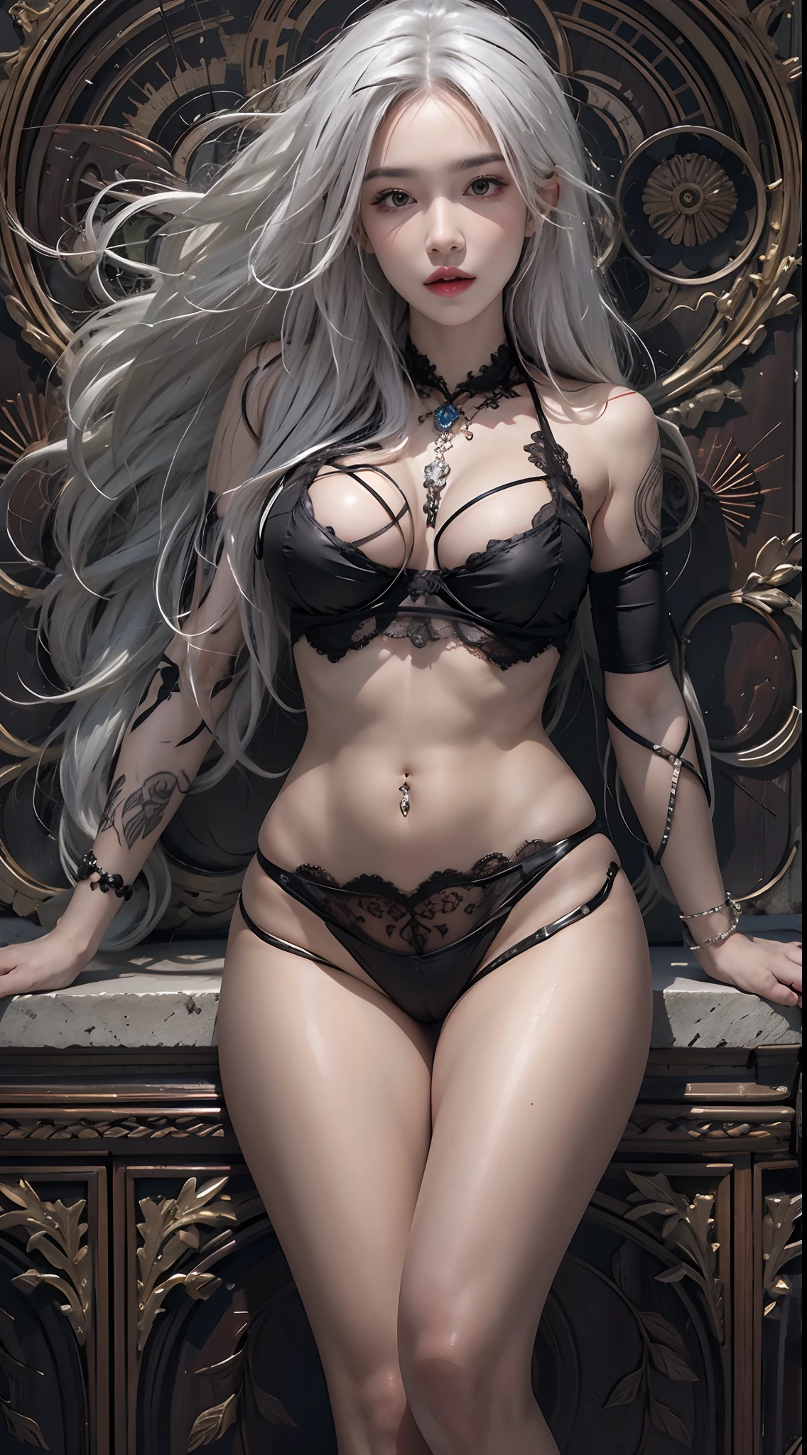photorealistic, high resolution, 1women, mature female, solo, hips up, long hair, tattoo, white hair, black lace leotard, thick thighs