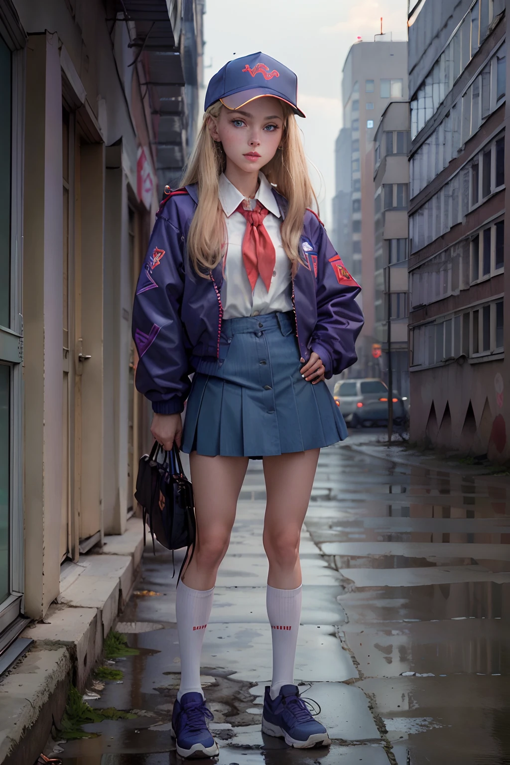 (masterpiece, best quality)1.2, extremely detailed, 4K, girl, solo, beautiful face, standing, full body, looking at viewer, blonde hair, blue eyes, baseball cap, young pioneer, red young pioneer tie, white school blouse, (90s rave jacket), purple jacket, blue school skirt, black shiny shoes, white socks, knee high socks, hands in pockets, night, summer, USSR, soviet city, grim city, panel buildings, 90s, 90s fashion