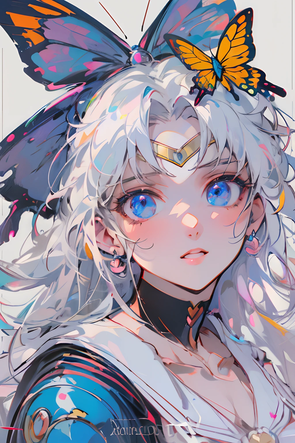 anime girl with blue eyes and a white hair with a butterfly on her head, a character portrait by Sailor Moon, trending on Artstation, process art, portrait knights of zodiac girl, knights of zodiac girl, rossdraws pastel vibrant, detailed fanart, portrait anime space cadet girl, :: rossdraws, detailed digital anime art, digital anime illustration, rossdraws cartoon vibrant