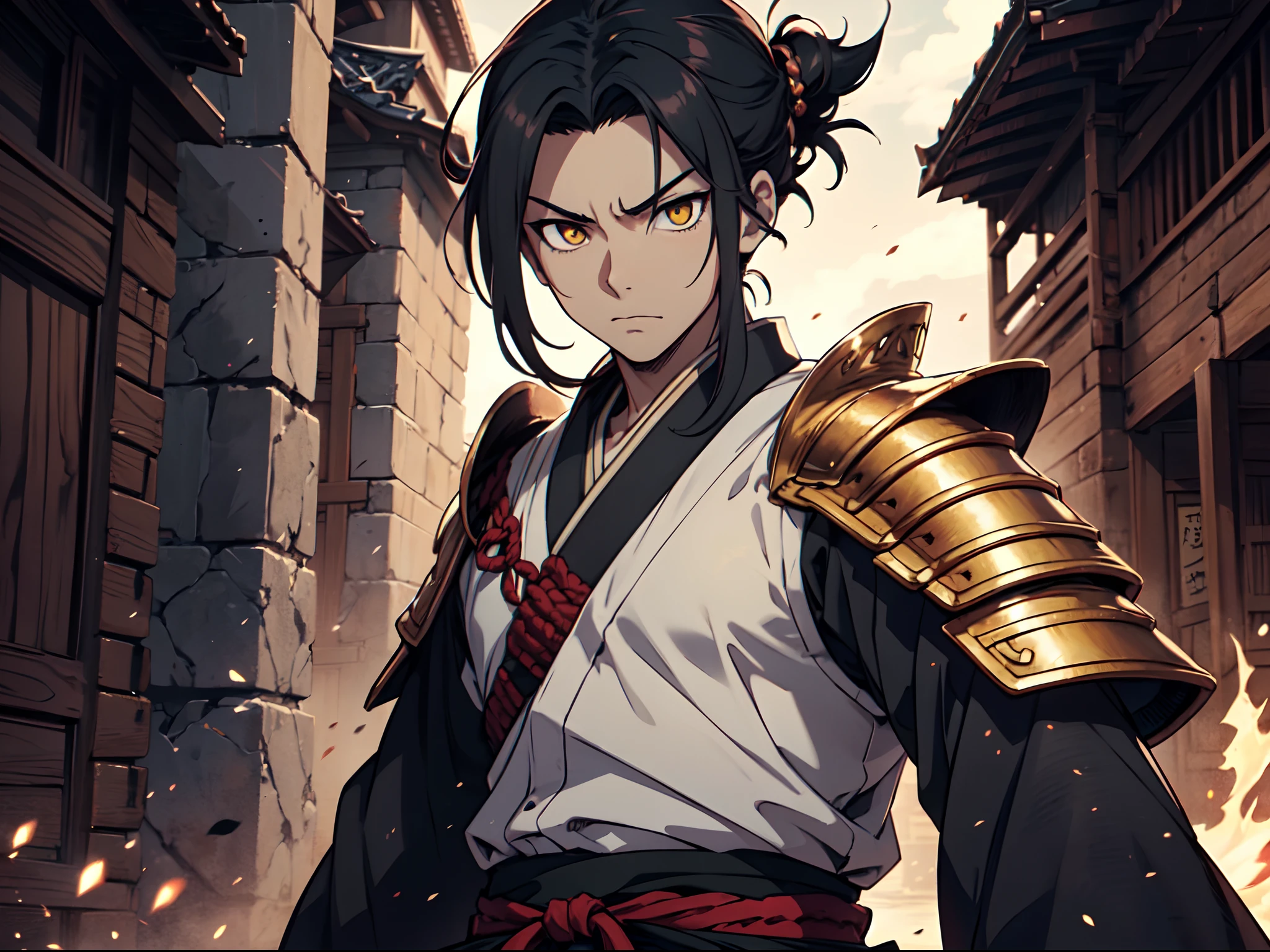 1 boy, Xin from Kingdom anime, armored with Samurai armor, holding katana, ultra high definition, 8k, handsome,black and yellow pupil eyes, long black hair, ancient kingdom background