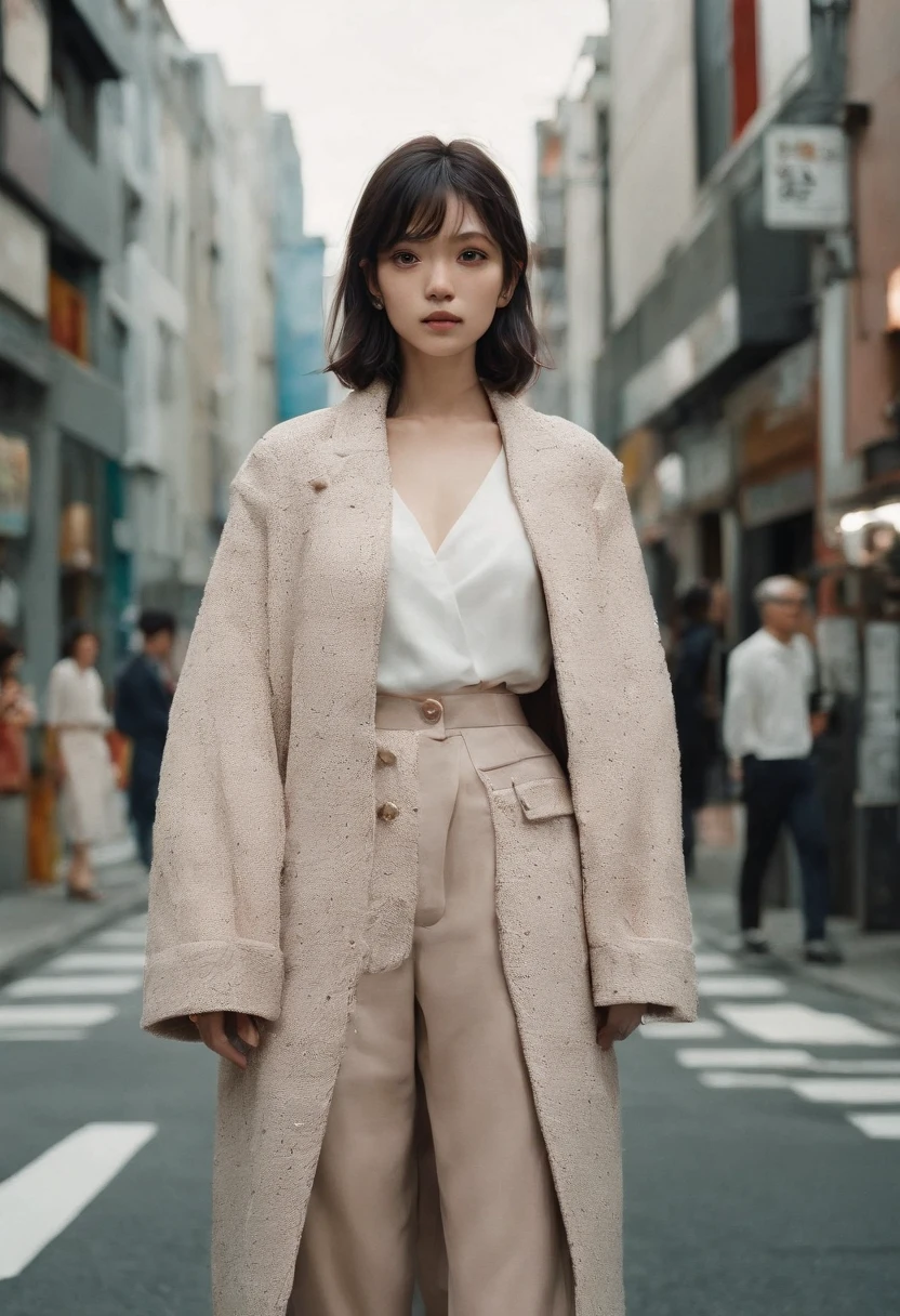 woman standing in street, in the style of diana f+, tokio aoyama, collage-like layering, close-up shots, photo, high quality photo