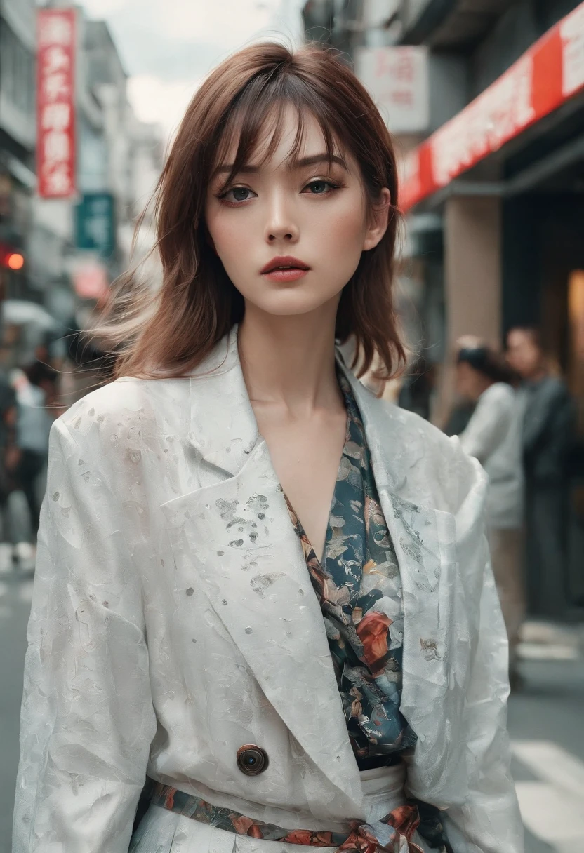 woman standing in street, in the style of diana f+, tokio aoyama, collage-like layering, close-up shots, photo, high quality photo