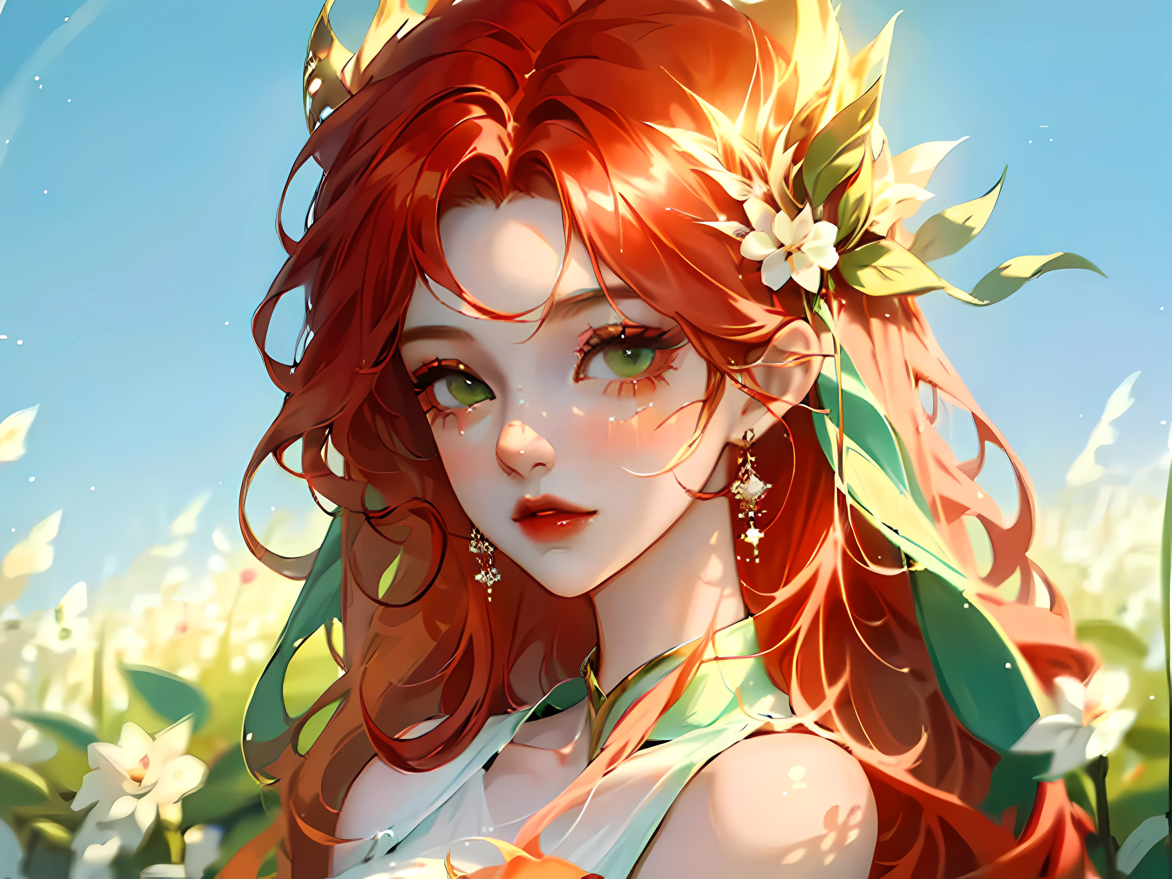 Teenage Girl with Long Curly Red Hair, Green Eyes, Light Makeup – Wearing a White Linen Sundress – Posing in a Sunny Flower Field – Soft Lens, Photorealistic Portrait
