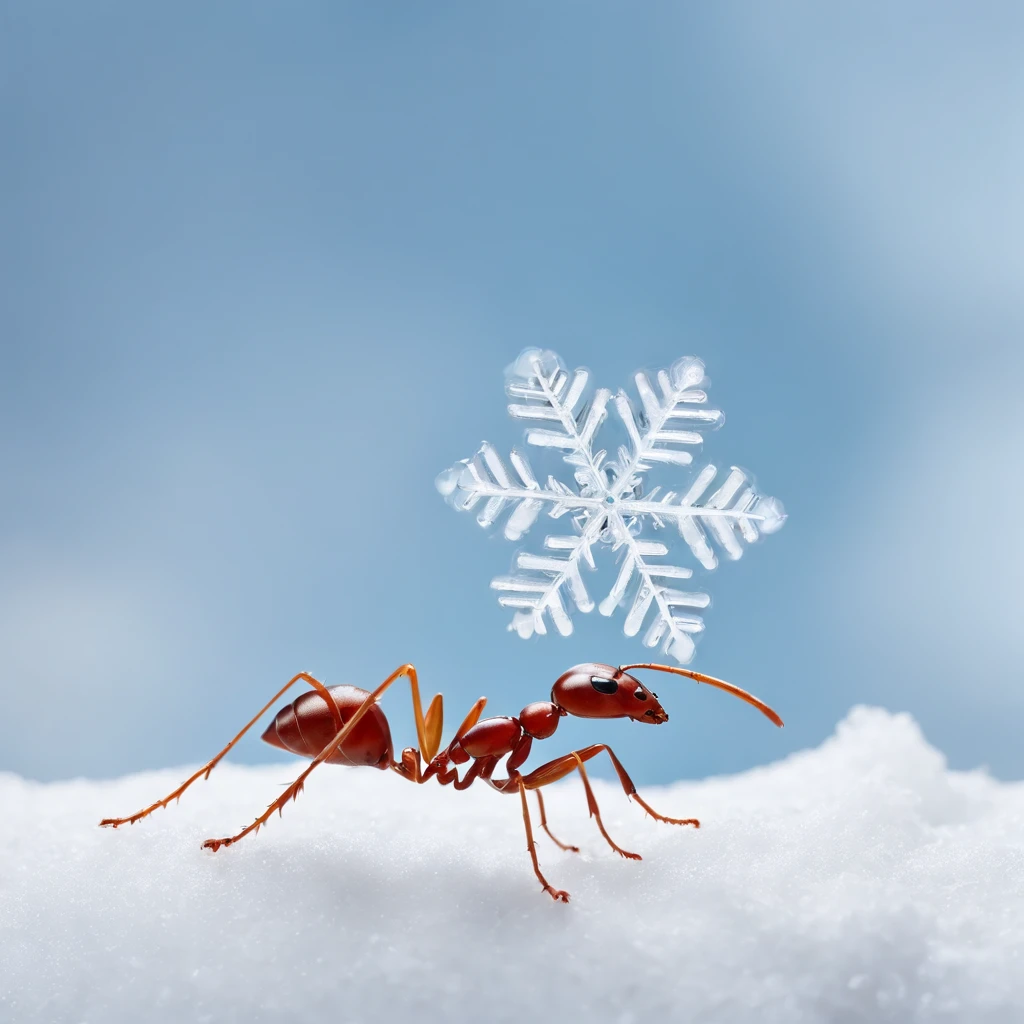 an ant standing on the snowy with the snowflake dropping from the air