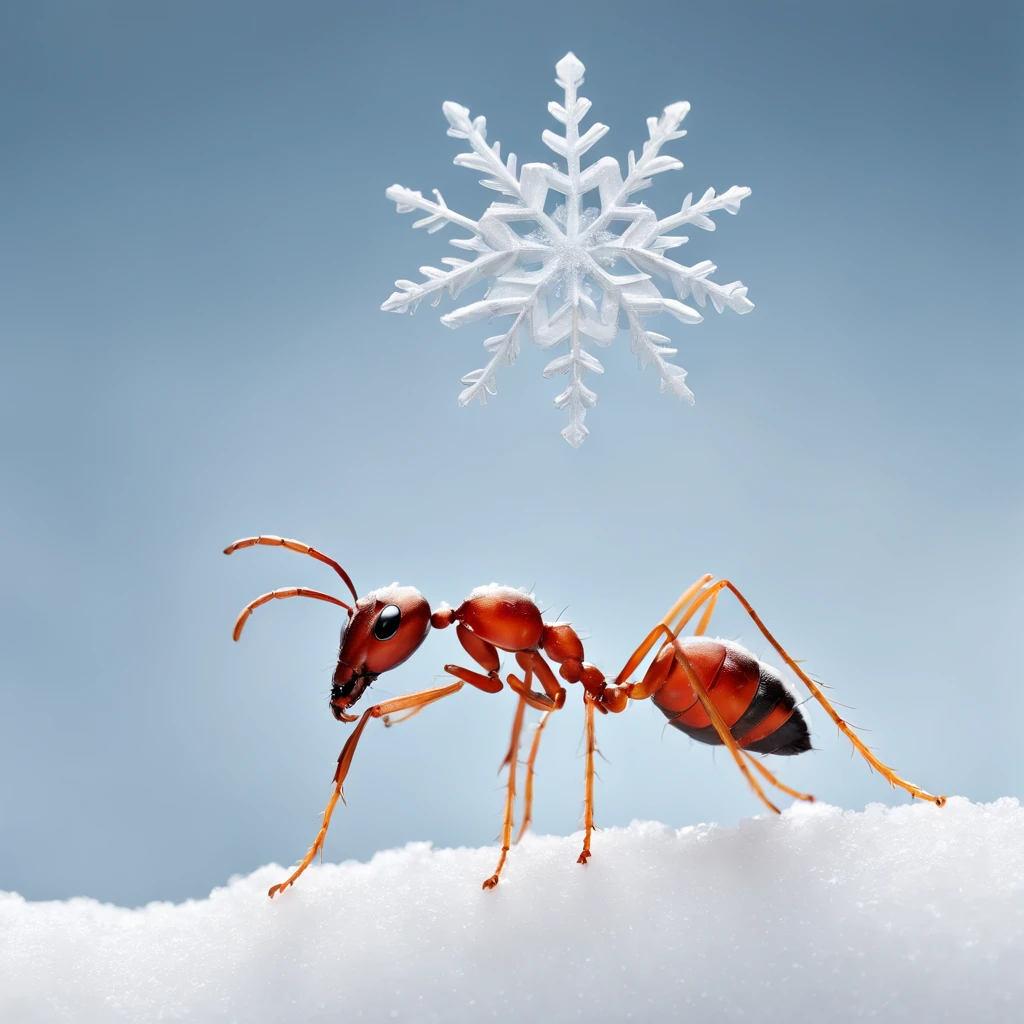 an ant standing on the snowy with the snowflake dropping from the air